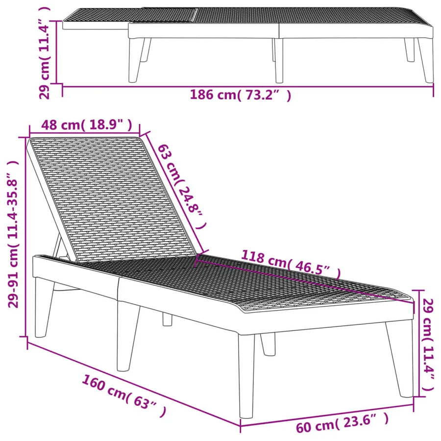 Chaise longue anthracite 186x60x29 cm PP - 40