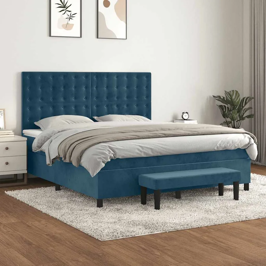 Sommier à lattes de lit et matelas Bleu foncé 160x200cm Velours