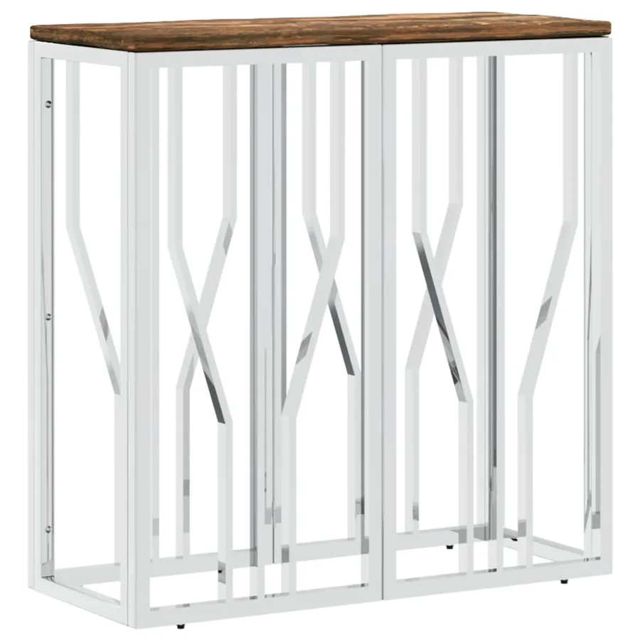 Table console argenté acier inoxydable/bois massif récupération - 2