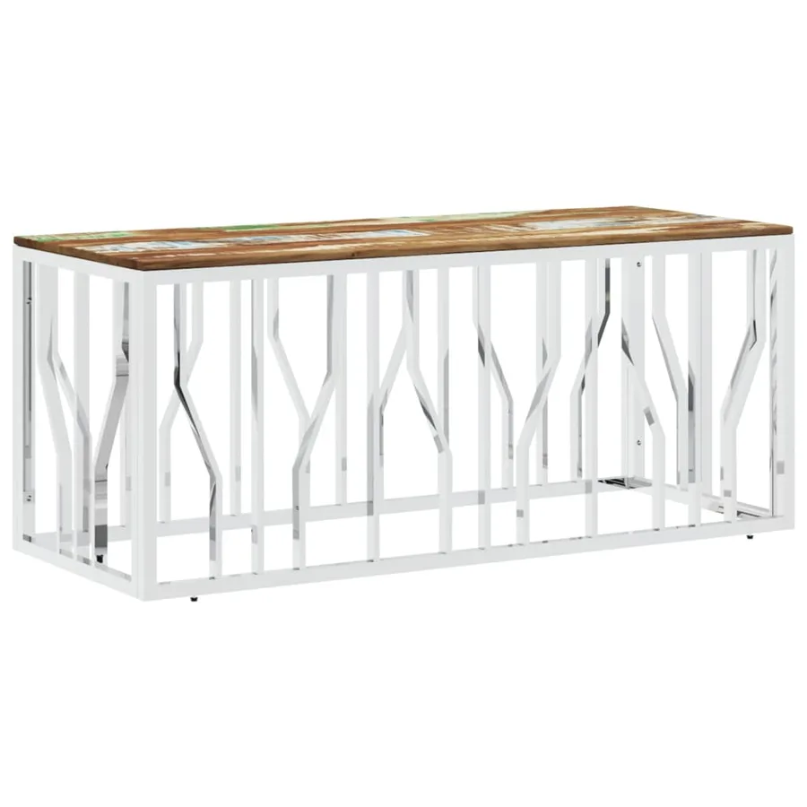 Table basse argenté acier inoxydable/bois massif récupération - 2