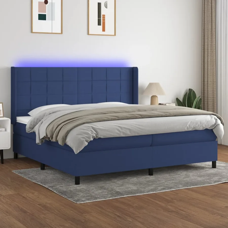 Sommier à lattes de lit et matelas et LED Bleu 200x200 cm Tissu
