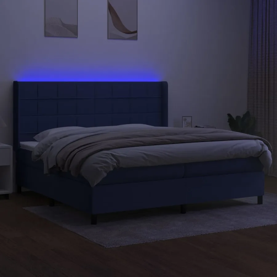 Sommier à lattes de lit et matelas et LED Bleu 200x200 cm Tissu - 3