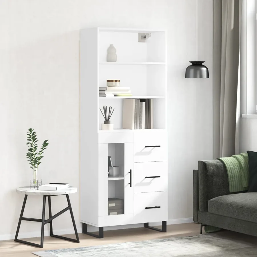 Buffet haut Blanc brillant 69,5x34x180 cm Bois d'ingénierie