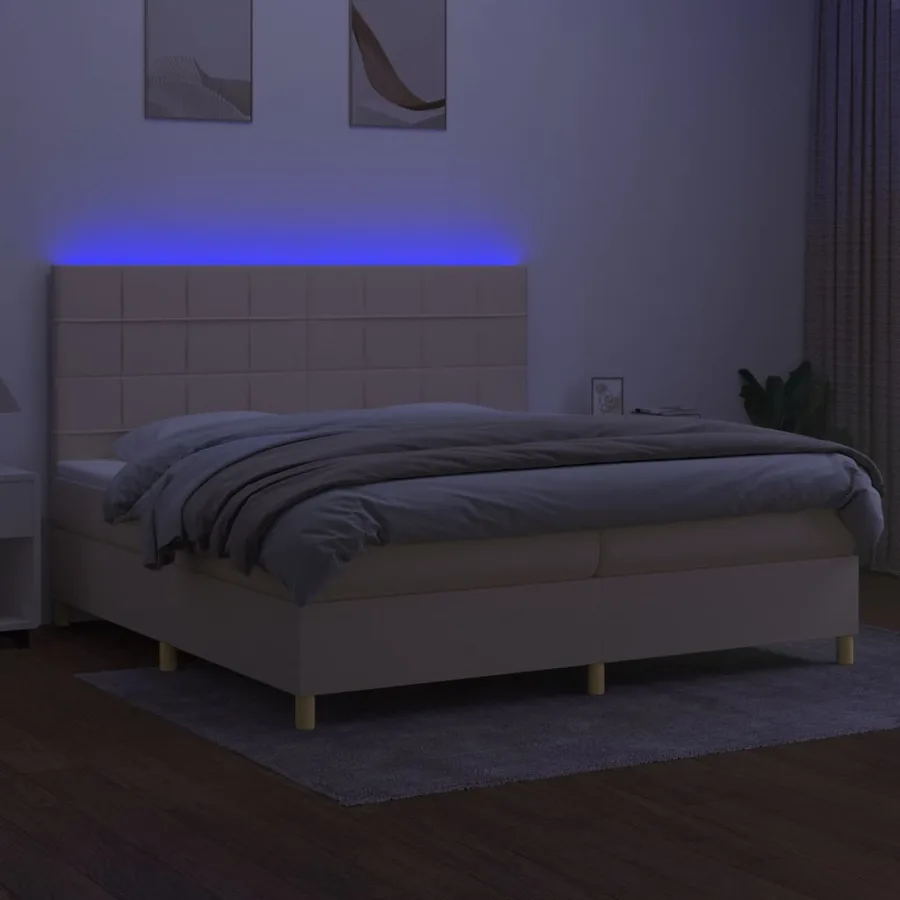 Sommier à lattes de lit et matelas et LED Crème 200x200cm Tissu - 4
