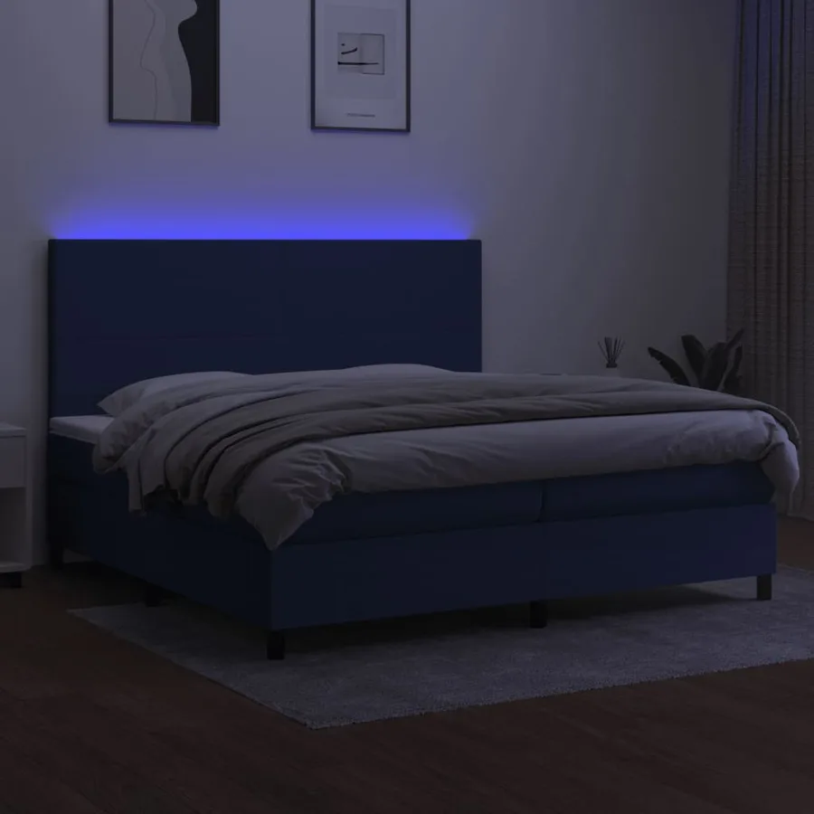 Sommier à lattes de lit et matelas et LED Bleu 200x200 cm Tissu - 4