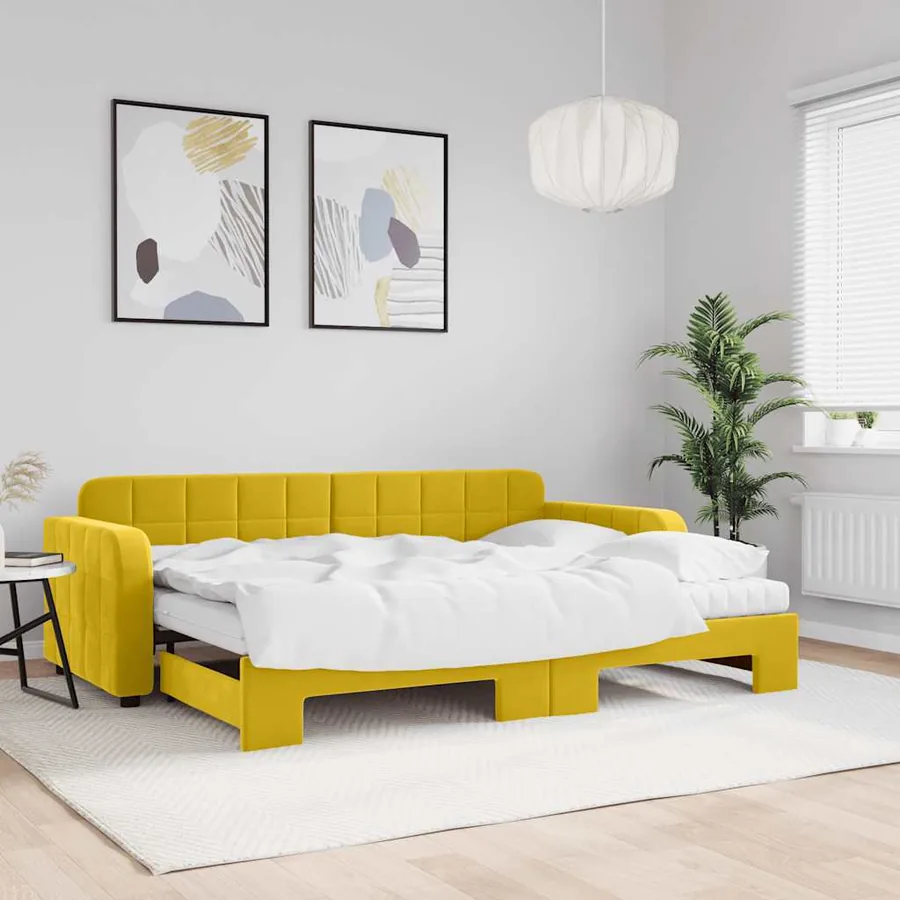 Lit de jour avec lit gigogne et matelas jaune 80x200 cm velours