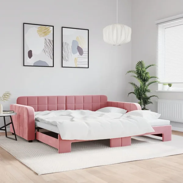 Lit de jour avec lit gigogne rose 100x200 cm velours