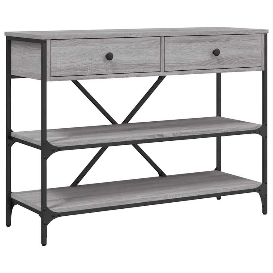 Table console avec tiroirs et étagères gris bois d'ingénierie - 2