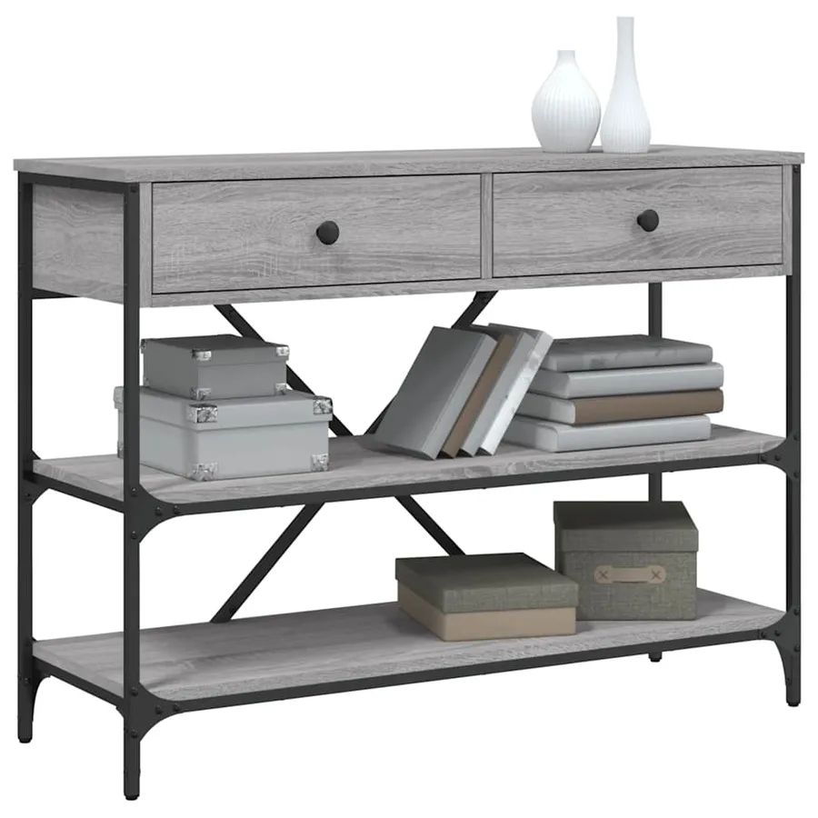 Table console avec tiroirs et étagères gris bois d'ingénierie - 3