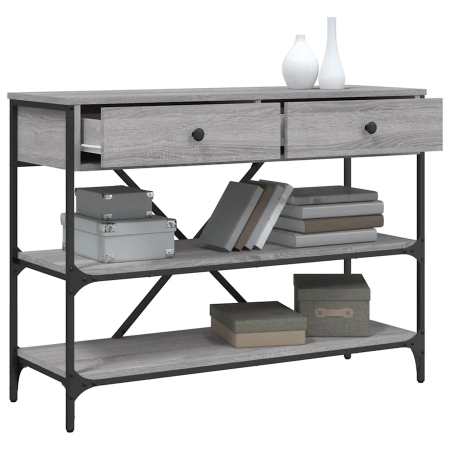 Table console avec tiroirs et étagères gris bois d'ingénierie - 4