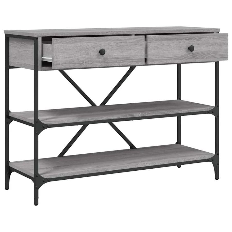 Table console avec tiroirs et étagères gris bois d'ingénierie - 5