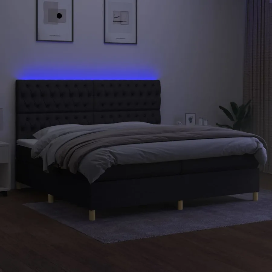 Sommier à lattes de lit et matelas et LED Noir 200x200 cm Tissu - 4