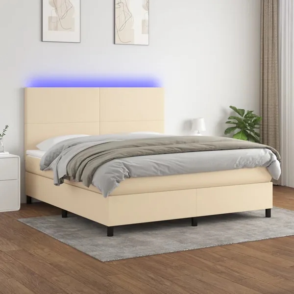 Sommier à lattes de lit et matelas et LED Crème 160x200cm Tissu