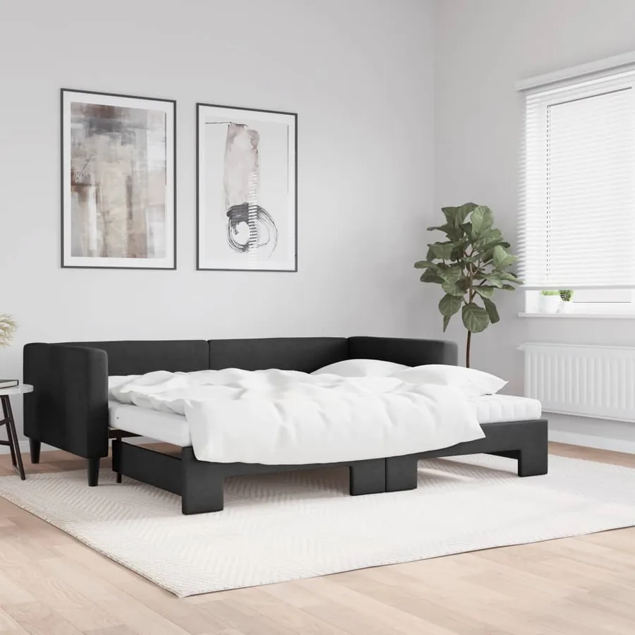Lit de jour avec gigogne et matelas noir 90x190 cm tissu