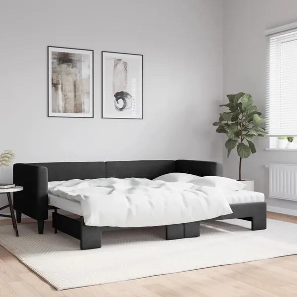Lit de jour avec lit gigogne et matelas noir 80x200 cm tissu