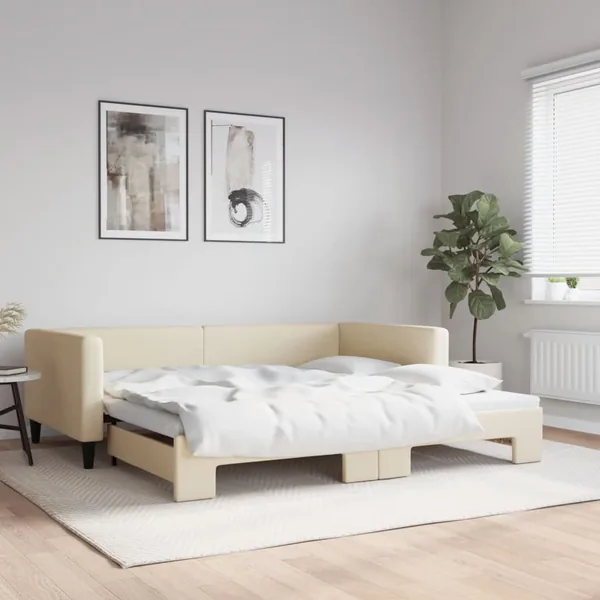 Lit de jour avec lit gigogne crème 100x200 cm tissu