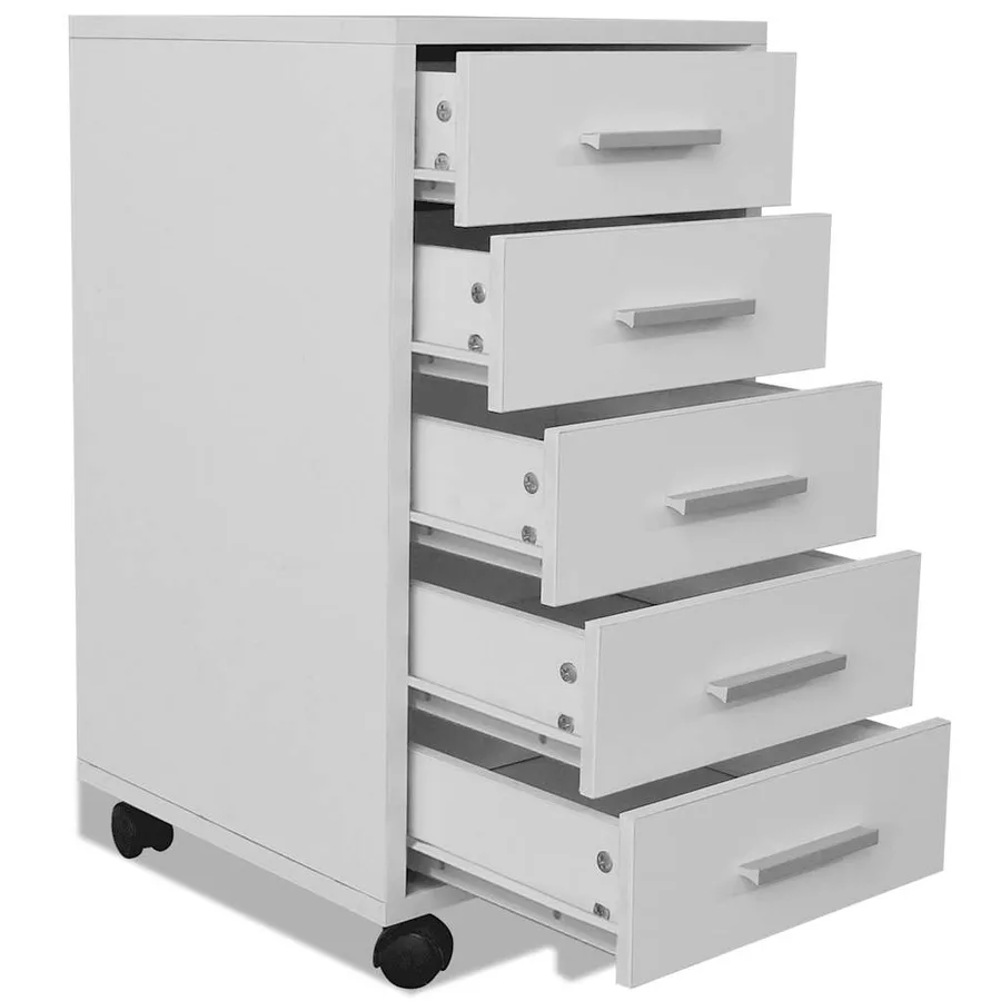Caisson à tiroir de bureau avec roulettes et 5 tiroirs blanc - 5