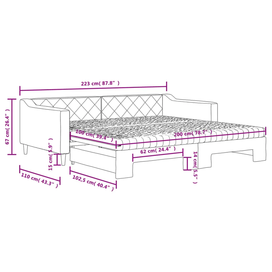Lit de jour avec gigogne et matelas taupe 100x200 cm tissu - 12