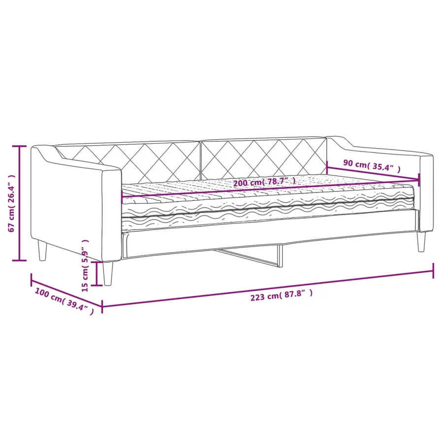 Lit de jour avec matelas noir 90x200 cm tissu - 12