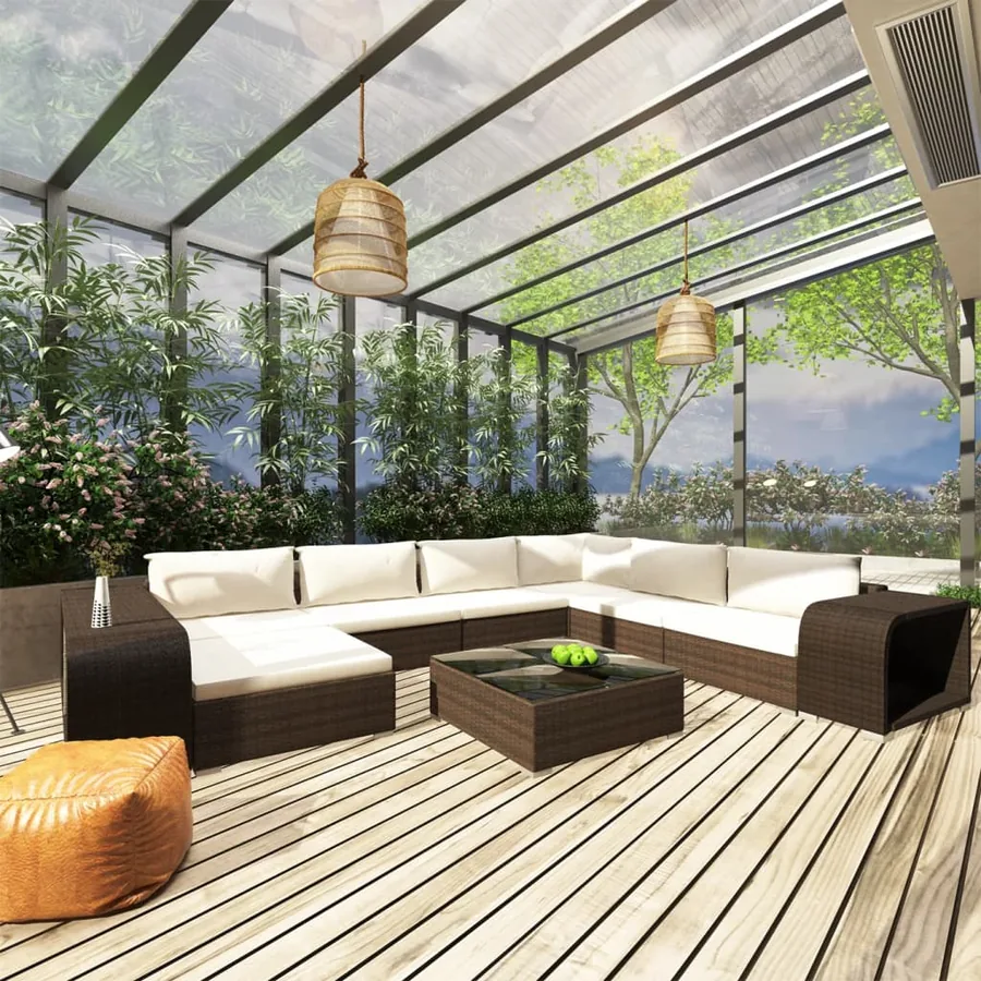 Salon de jardin 10 pcs avec coussins résine tressée marron