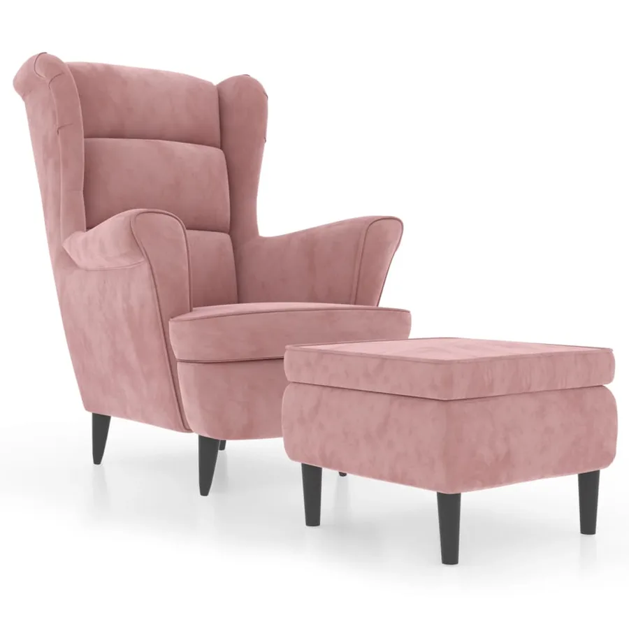 Fauteuil à oreilles avec tabouret rose velours - 2