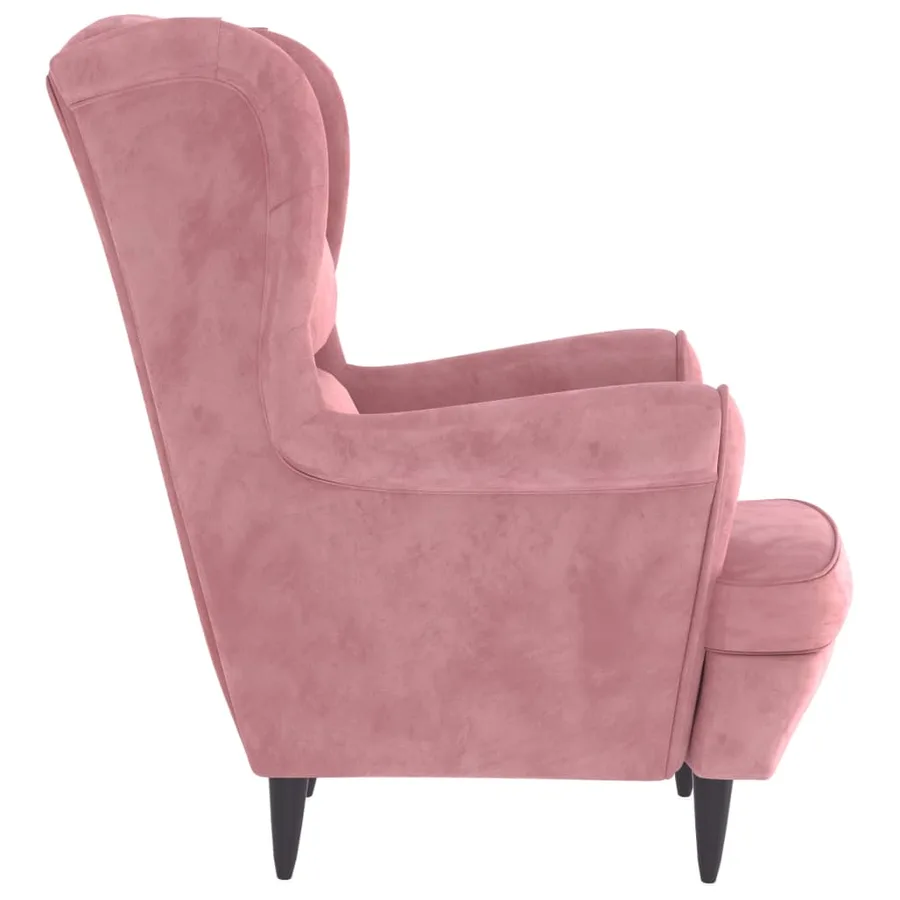 Fauteuil à oreilles avec tabouret rose velours - 5