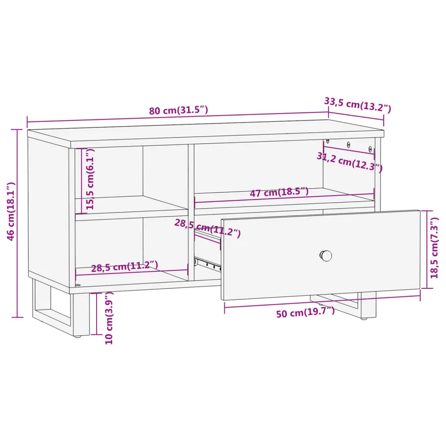 Meuble TV marron et noir 80x33,5x46 cm bois massif de manguier - 12