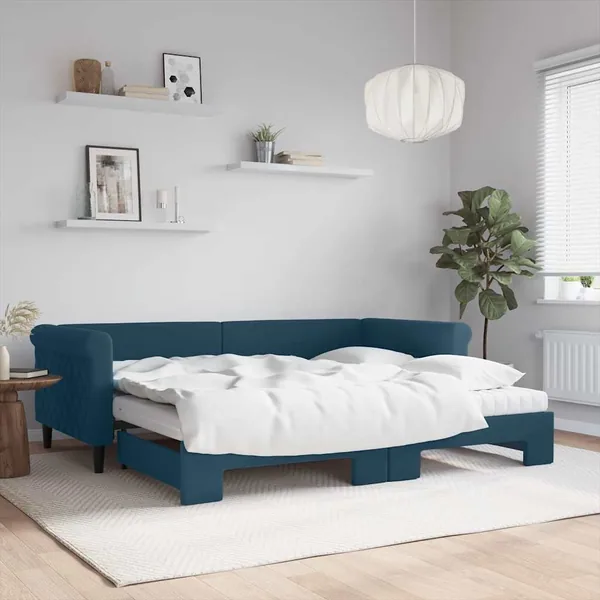 Lit de jour avec lit gigogne et matelas bleu 90x200 cm velours