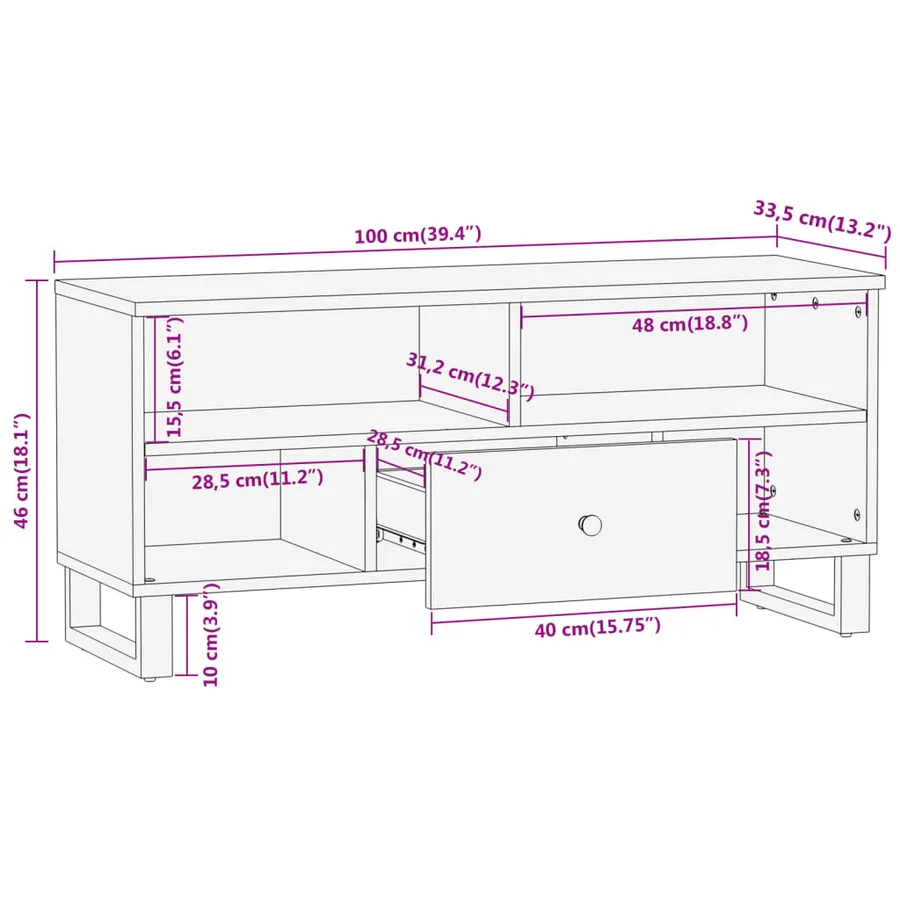 Meuble TV marron et noir 100x33,5x46 cm bois massif de manguier - 11