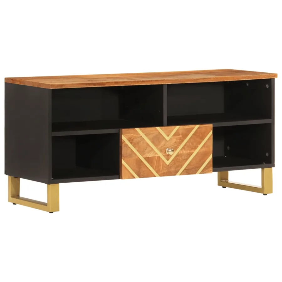 Meuble TV marron et noir 100x33,5x46 cm bois massif de manguier - 2