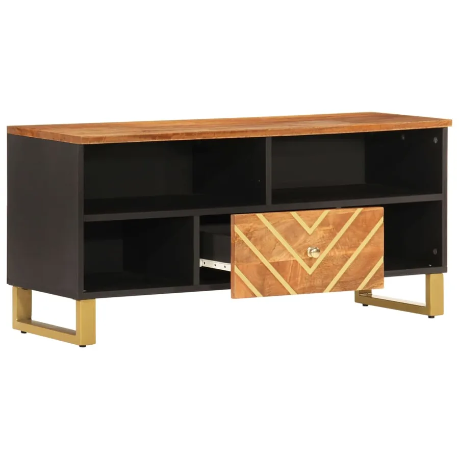 Meuble TV marron et noir 100x33,5x46 cm bois massif de manguier - 3