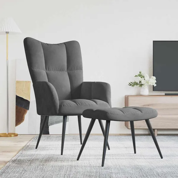 Chaise de relaxation avec tabouret Gris foncé Velours