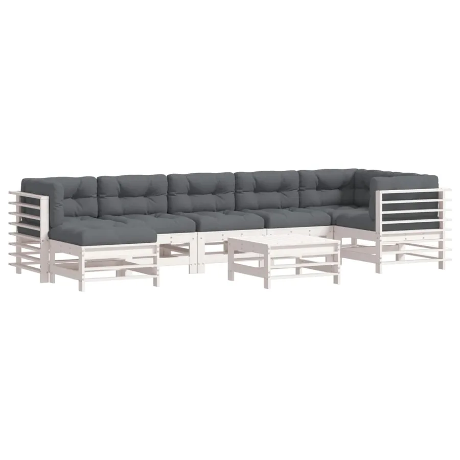 Salon de jardin 8 pcs avec coussins blanc bois massif - 2