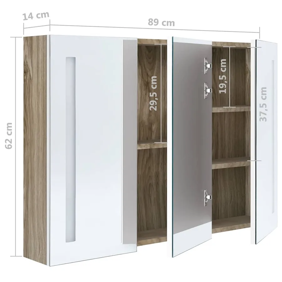 Armoire de salle de bain à miroir LED 89x14x62cm blanc et chêne - 8