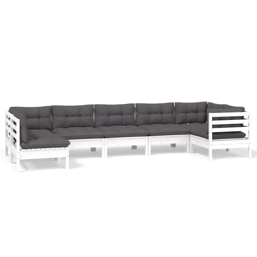 Salon de jardin 7 pcs avec coussins blanc bois de pin - 2