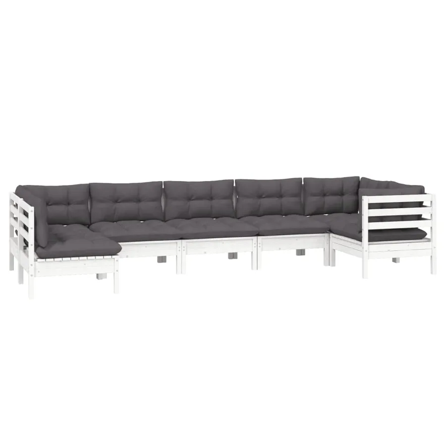 Salon de jardin 7 pcs avec coussins blanc bois de pin - 3