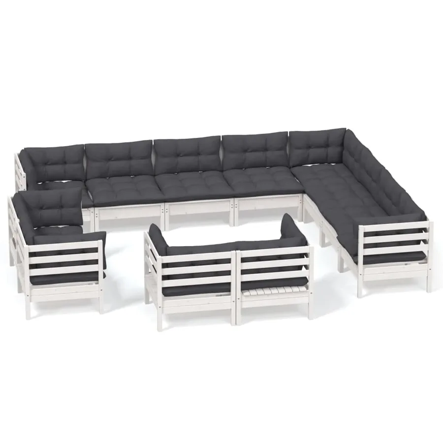 Salon de jardin 12 pcs avec coussins blanc bois de pin solide - 2