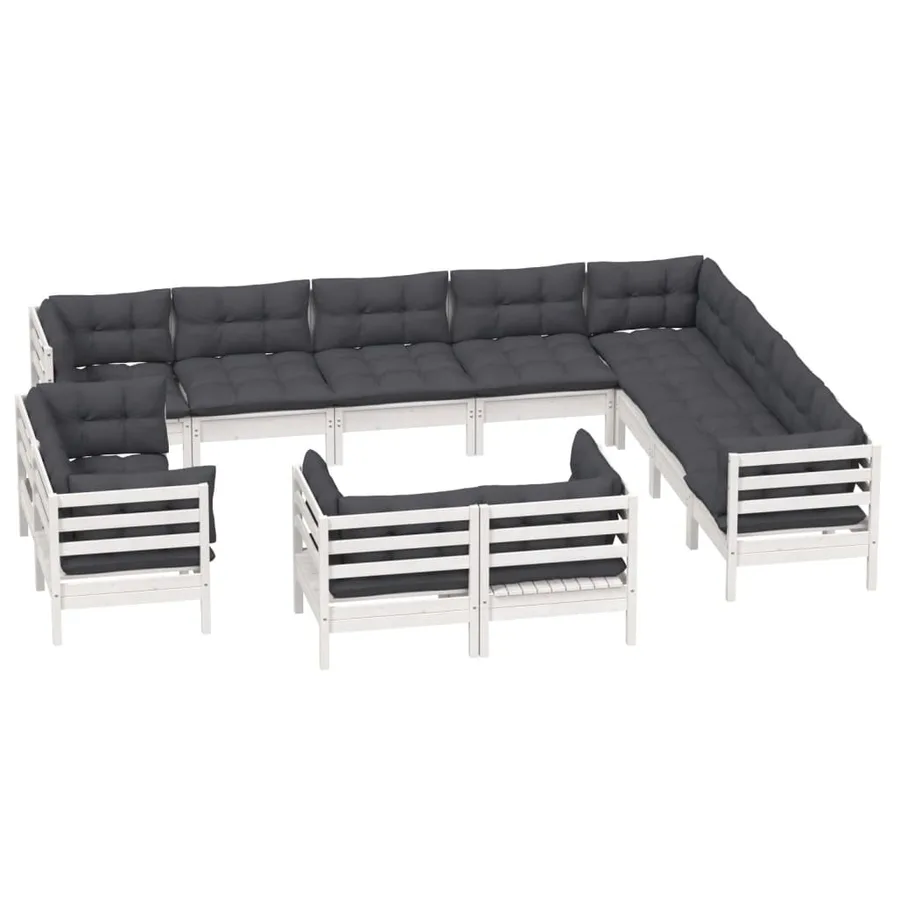 Salon de jardin 12 pcs avec coussins blanc bois de pin solide - 3