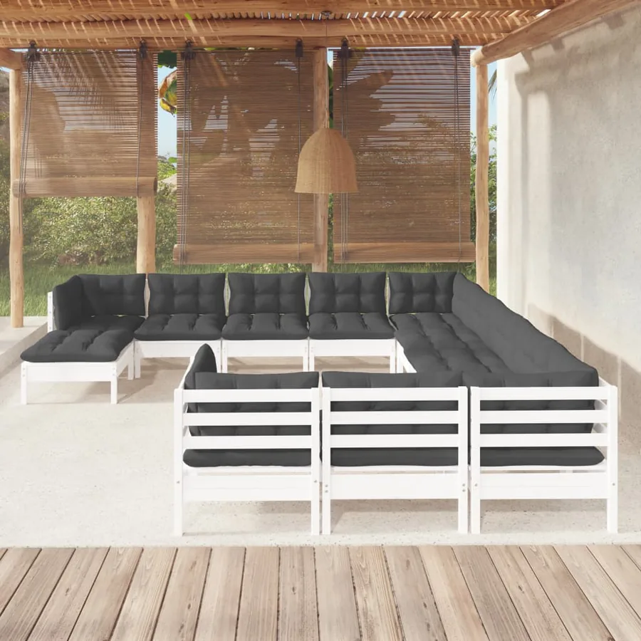 Salon de jardin 12 pcs avec coussins blanc bois de pin