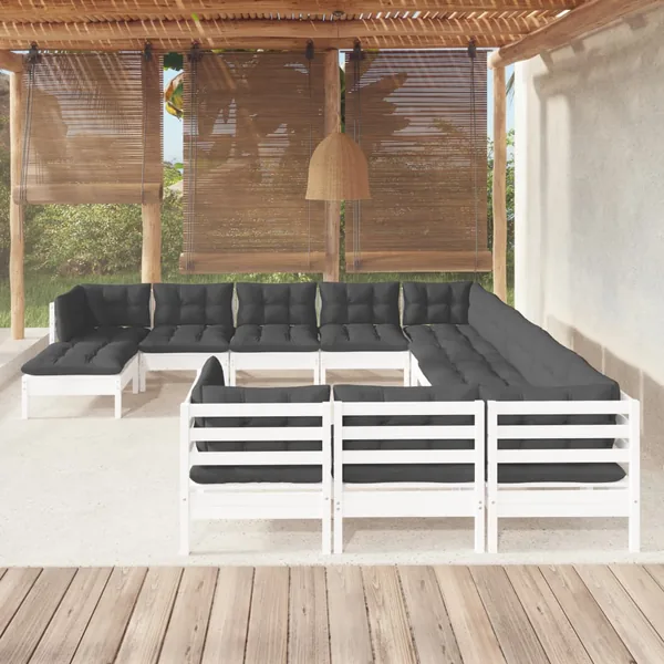 Salon de jardin 12 pcs avec coussins blanc bois de pin