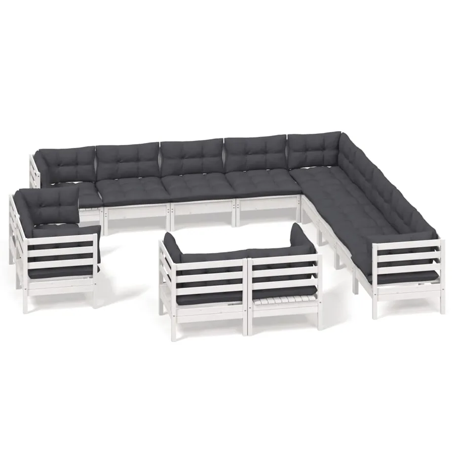 Salon de jardin 13 pcs avec coussins blanc bois de pin solide - 2