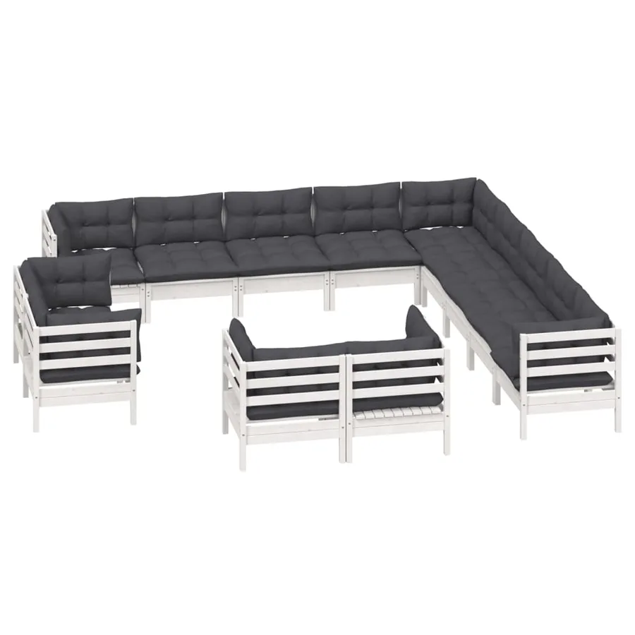Salon de jardin 13 pcs avec coussins blanc bois de pin solide - 3
