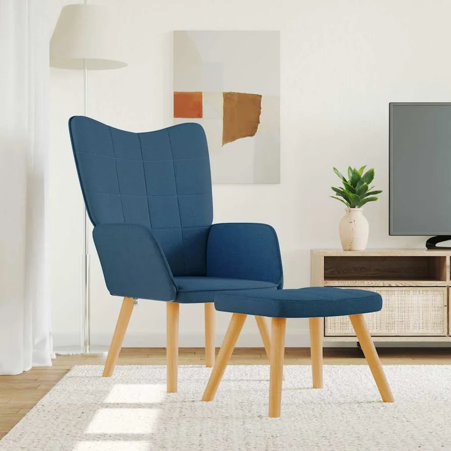Chaise de relaxation avec tabouret Bleu Tissu