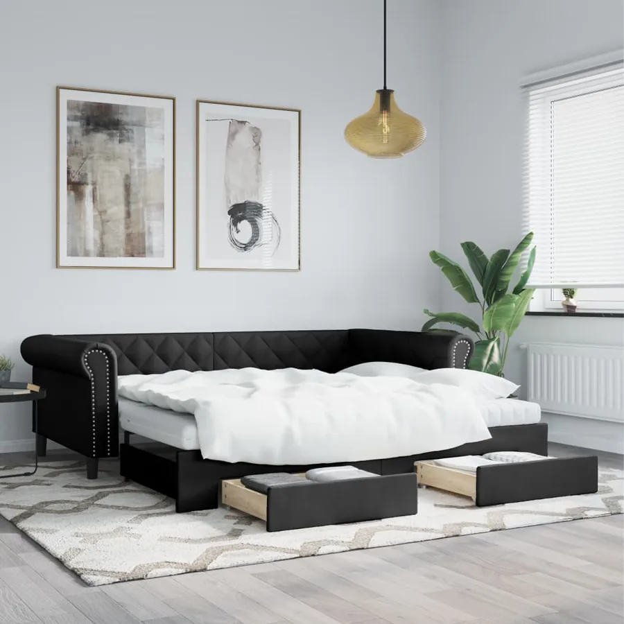 Lit de jour avec gigogne et tiroirs noir 90x200 cm similicuir