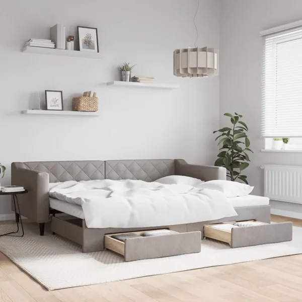 Lit de jour avec gigogne et tiroirs sans matelas taupe 90x200cm