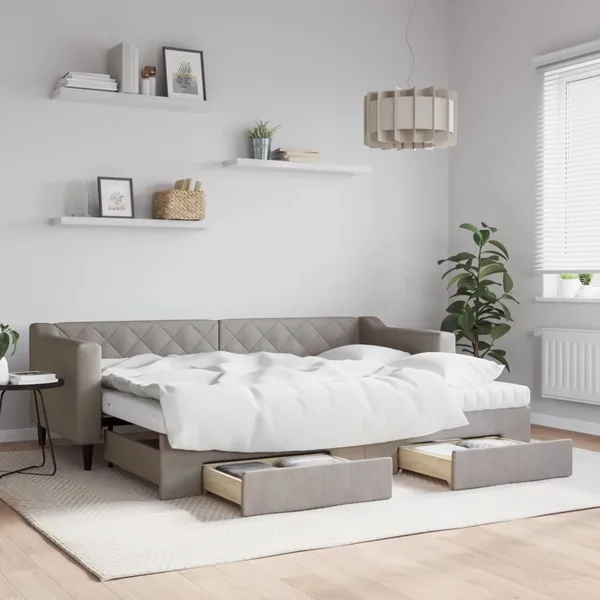 Lit de jour avec gigogne et tiroirs taupe 80x200 cm tissu