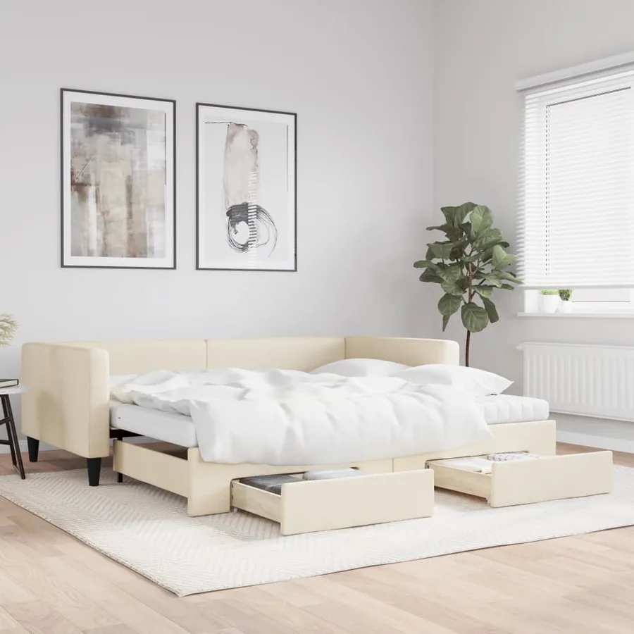 Lit de jour avec gigogne et tiroirs crème 100x200 cm tissu