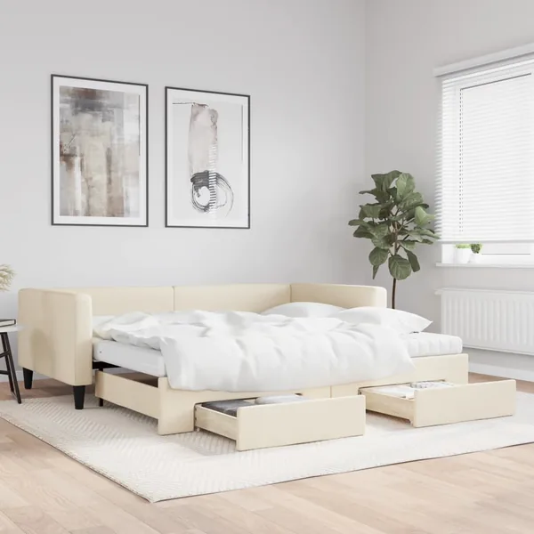 Lit de jour avec gigogne et tiroirs crème 100x200 cm tissu