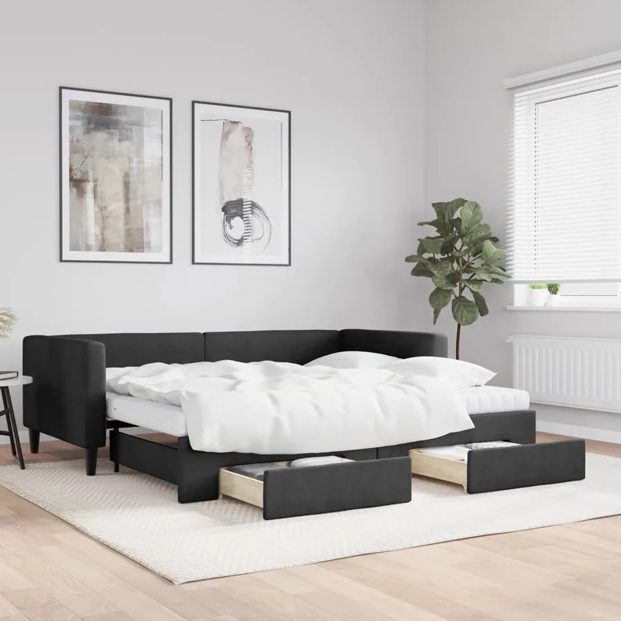 Lit de jour avec gigogne et tiroirs noir 90x200 cm tissu