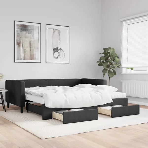 Lit de jour avec gigogne et tiroirs noir 90x200 cm tissu